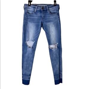 American Eagle Super Low Jegging Jeans Destroyed Blue Denim Size 8
